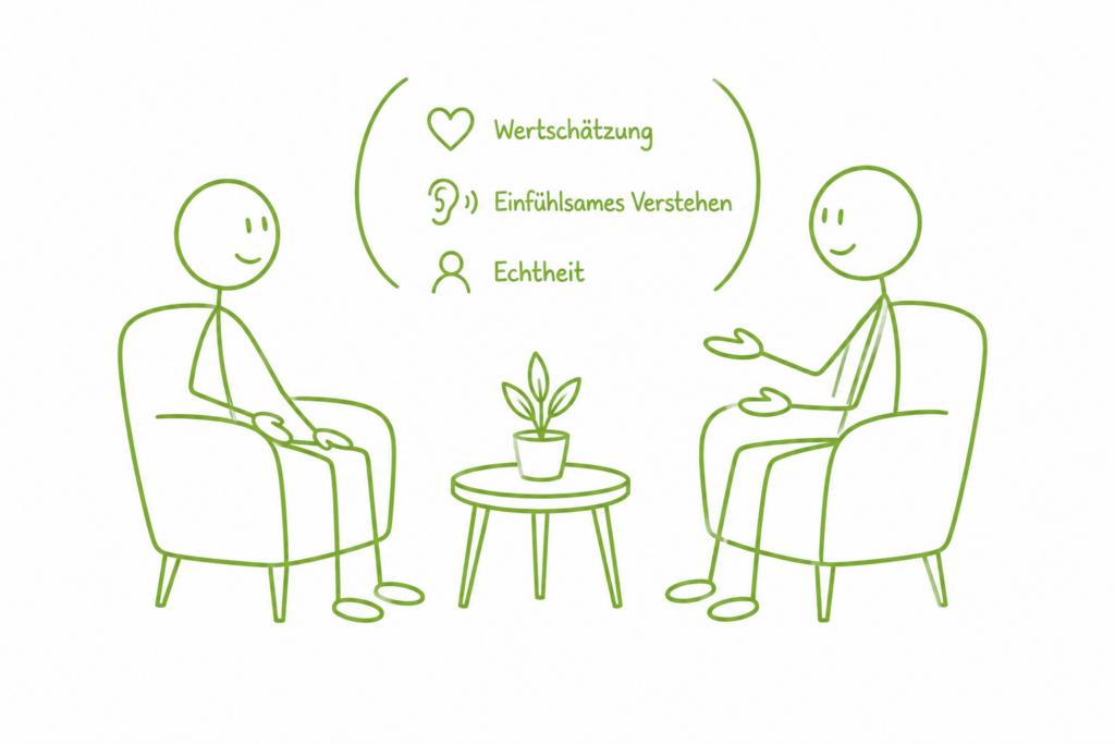 Grafik zur klientenzentrierten Gesprächspsychotherapie nach Carl Rogers mit den Grundprinzipien Empathie, Wertschätzung, Kongruenz und Selbstentfaltung.