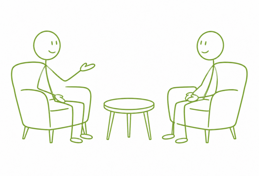 Illustration eines therapeutischen Gesprächs als Sinnbild für individuelle Therapiemethoden und Arbeitsweisen.