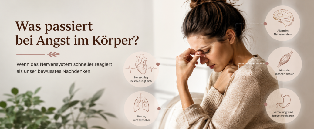 Illustration einer nachdenklichen Frau mit grafisch dargestellten körperlichen Reaktionen auf Angst wie Herzrasen, schnelle Atmung, Muskelanspannung und Aktivierung des Nervensystems.