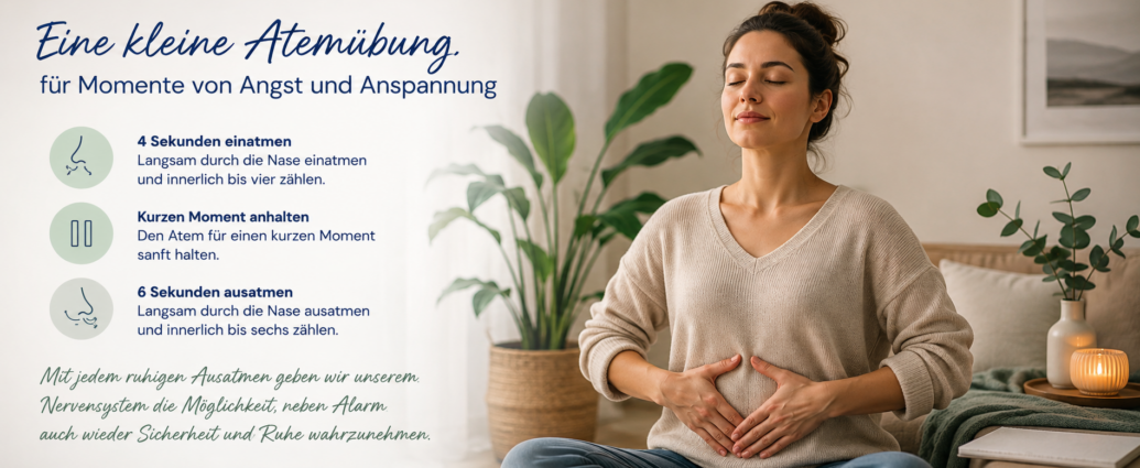 Frau mit geschlossenen Augen bei einer ruhigen Bauchatmung. Anleitung für eine einfache Atemübung zur Beruhigung des Nervensystems bei Angst und Anspannung.
